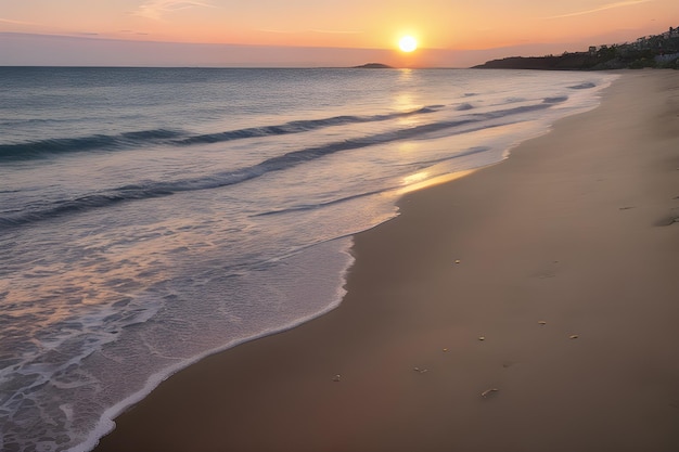 Закат на пляже во время золотого часа голубое небо