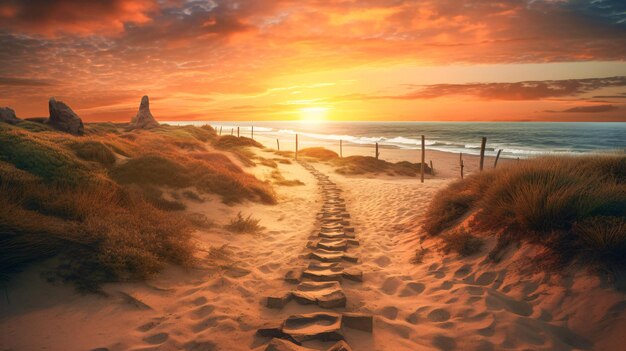 Foto sunset beach lighthouse path generatieve ai