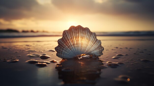 Photo sunset beach a narrativedriven visual storytelling of a sea shell