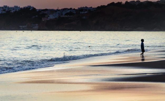 ポルトガル、アルガルヴェ地方、ラゴアのロシャの聖母のビーチに沈む夕日。