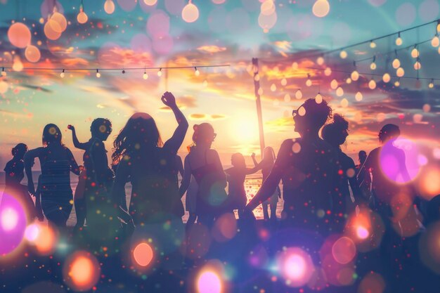Sunset beach party vibes met vrienden en kleurrijke bokeh lichten