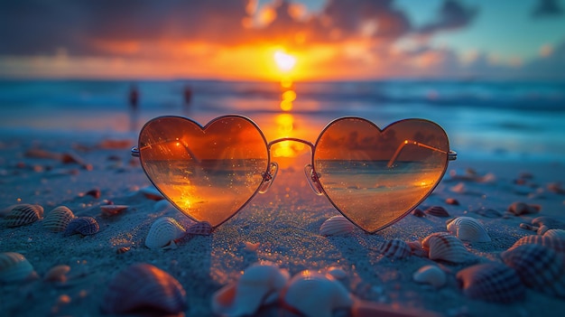 Photo sunset beach reflection in heart shaped sunglasses surrounded by seashells perfect for romance