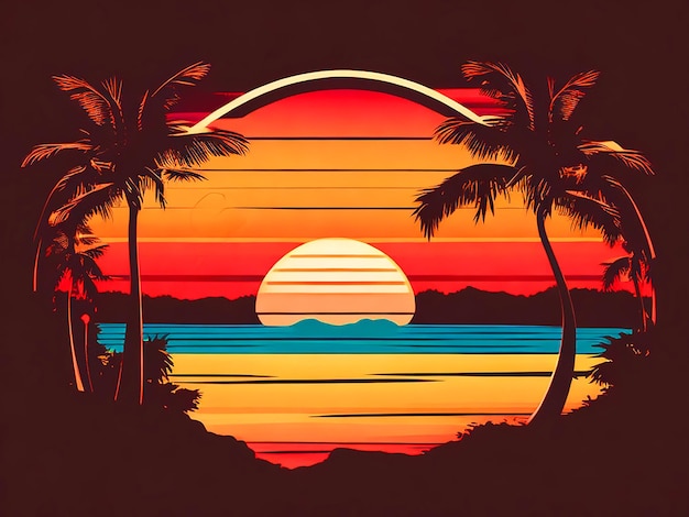 Sunset in the beach retro vintage t shirt design