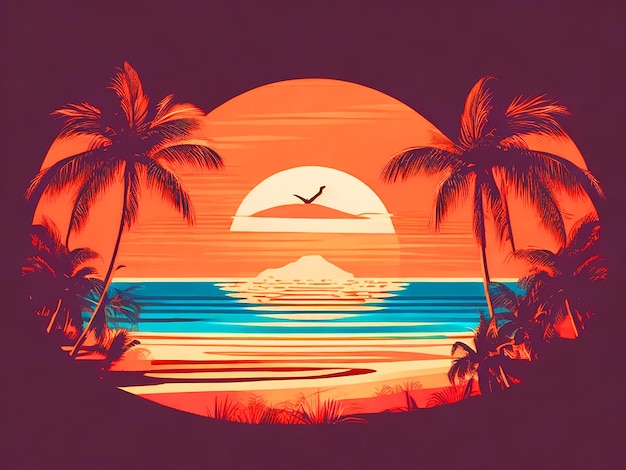 Sunset in the beach retro vintage t shirt design