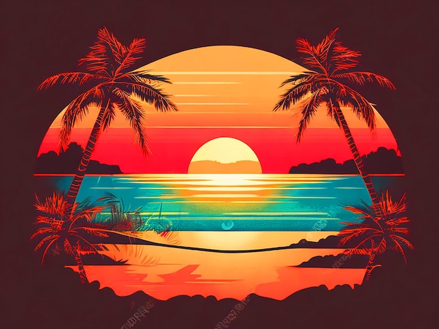 Закат на пляже ретро винтажный дизайн футболки