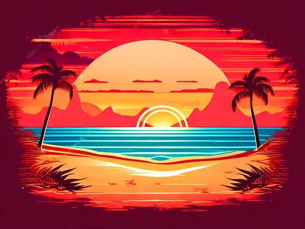 Photo sunset in the beach retro vintage t shirt design