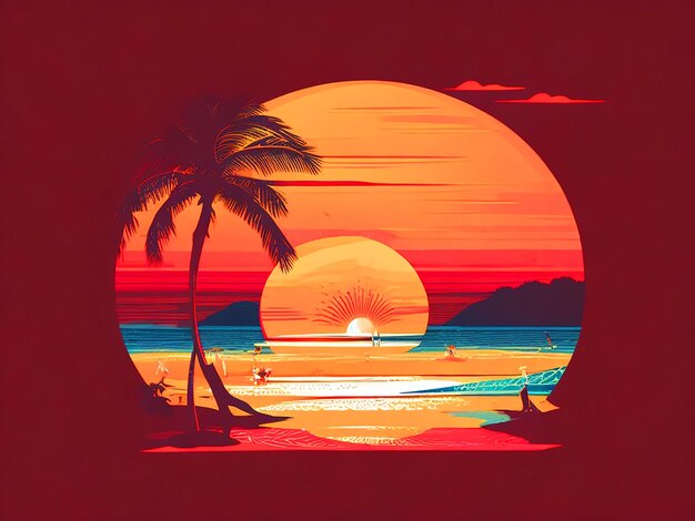 Sunset in the beach retro vintage t shirt design