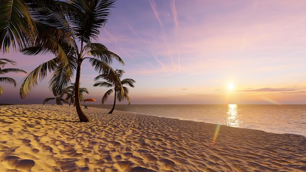 Sunset beach scene summer background 3D rendering