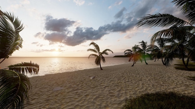 Sunset beach scene summer background 3D rendering