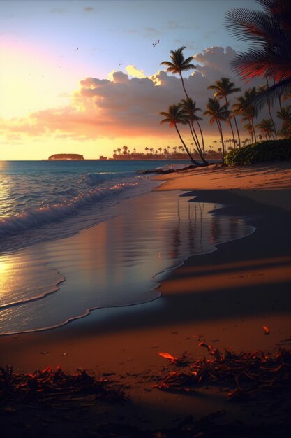 Sunset at beach and sea with palm trees and sky with clouds created using generative ai technology