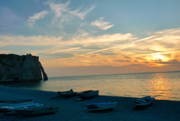 Sunset on the beach of the town of Etretat in the north of France