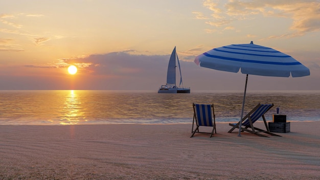 Vacanze estive in viaggio sulla spiaggia al tramonto con sedie a sdraio, ombrellone e yacht in mare