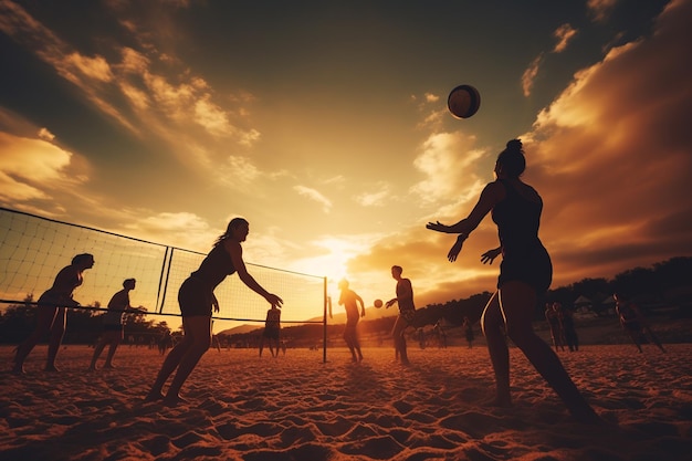 Sunset Beach Volleyball Action with Athletes