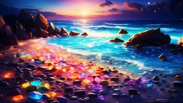 Sunset beach wallpaper 8k Night Background sea and glowing stones