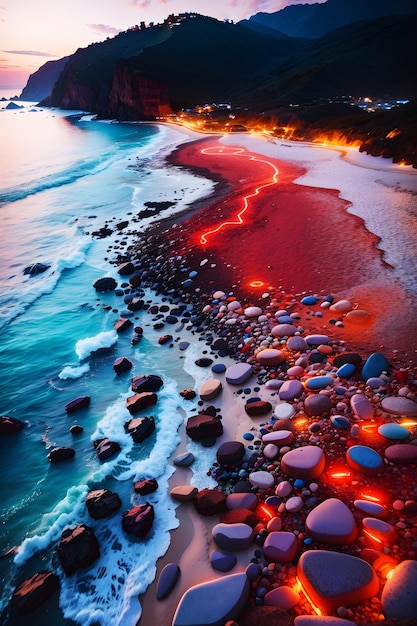 Sunset beach wallpaper 8k Night Background sea and glowing stones