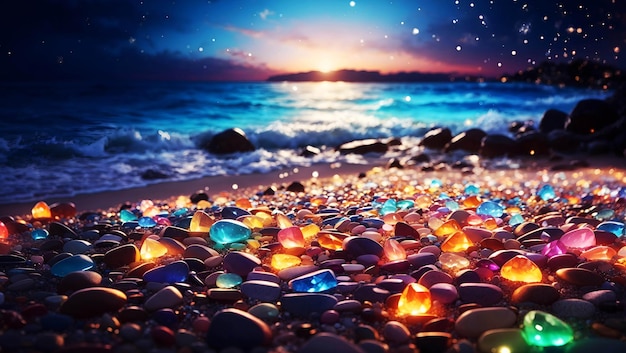 Sunset beach wallpaper 8k Night Background sea and glowing stones