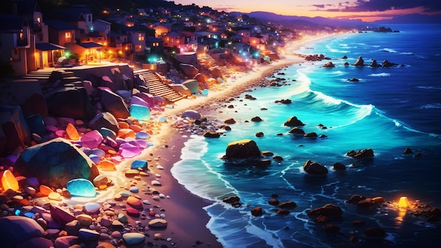 Sunset beach wallpaper 8k Night Background sea and glowing stones