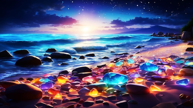 Sunset beach wallpaper 8k Night Background sea and glowing stones