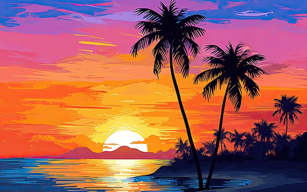 Photo sunset on beach wallpaper retro illustration