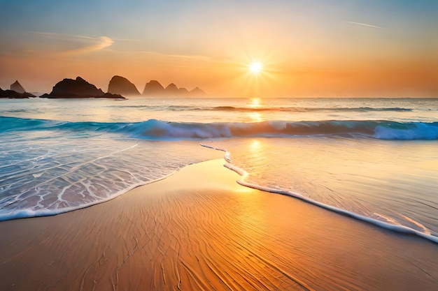 A sunset on the beach with a beach in the foreground and a sunset in the background.