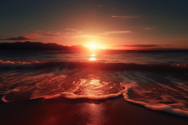 A sunset on the beach with a beach in the foreground