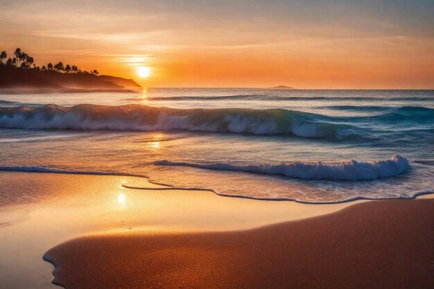 a sunset on a beach with a beach and the sun setting behind it