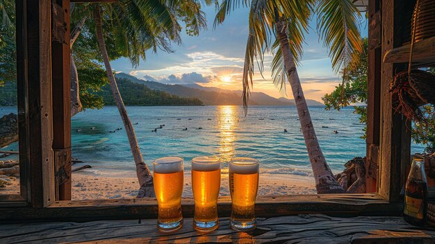 a sunset on the beach with beer glasses