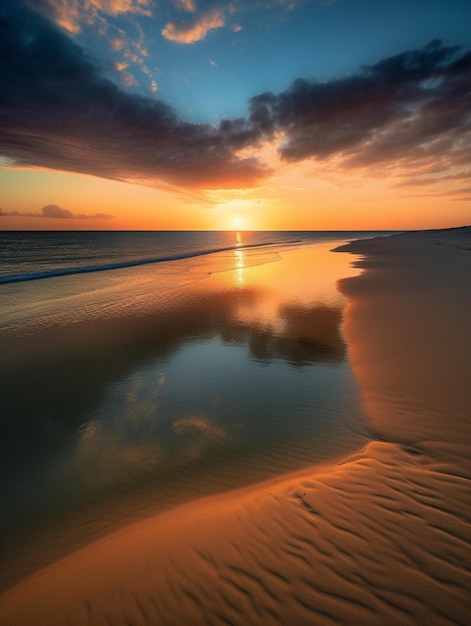 A sunset on the beach with a blue sky and clouds