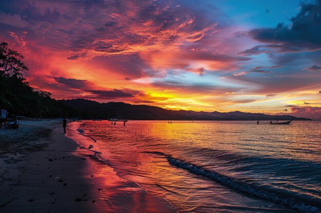 A sunset on a beach with a boat in the water