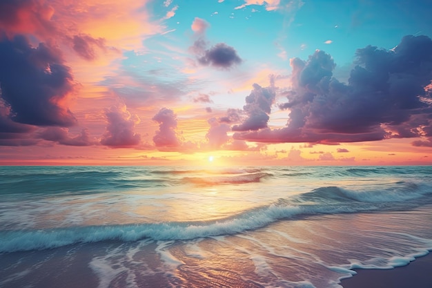 雲のあるビーチに沈む夕日