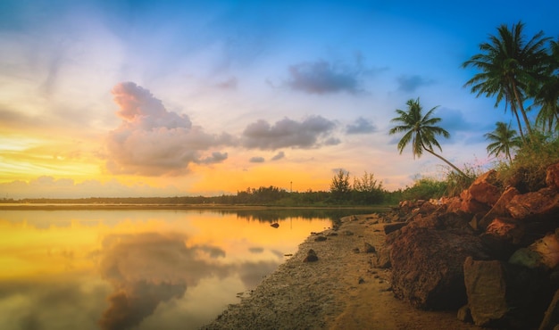 Sunset at the beach with coconut palm tree on blue sky background