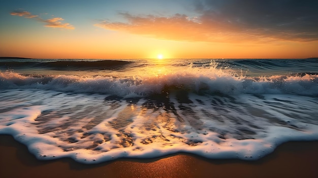 A sunset over a beach with a colorful sky and the sun setting over the ocean