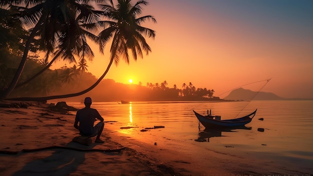 Sunset on the beach with finishing boat view