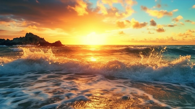 Foto tramonto sulla spiaggia con un cielo dorato