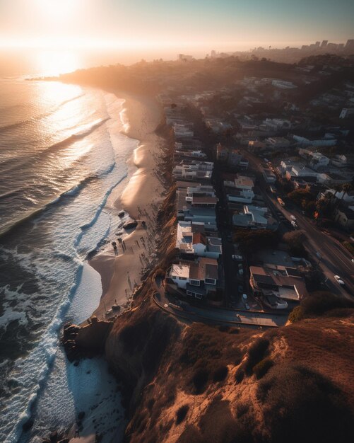 A sunset over a beach with houses and a beach in the foreground