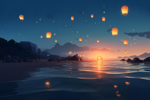 A sunset at the beach with a lantern floating above the water