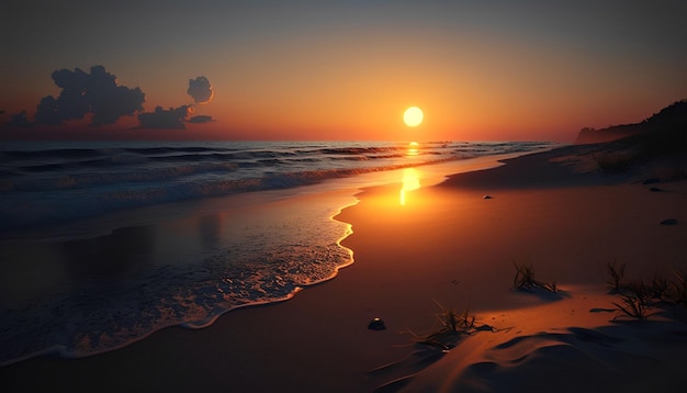 A sunset on the beach with a large orange ball in the sky.