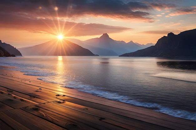 A sunset over a beach with mountains in the background