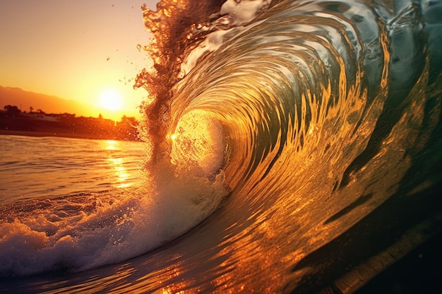 Foto tramonto sulla spiaggia con l'onda dell'oceano ia generativa