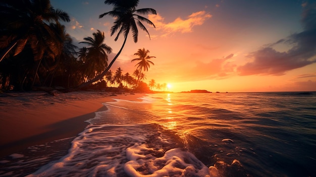 Sunset on the beach with palm tree ocean view Generative AI