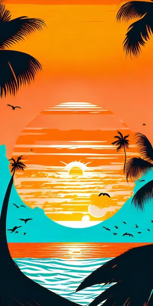 A sunset on the beach with palm trees and birds flying in the sky