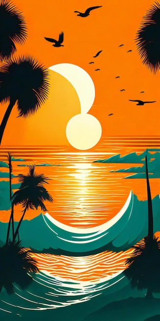 A sunset on the beach with palm trees and birds flying in the sky