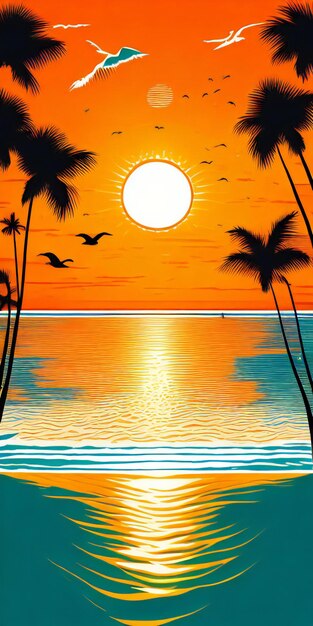 a sunset on the beach with palm trees and birds flying in the sky