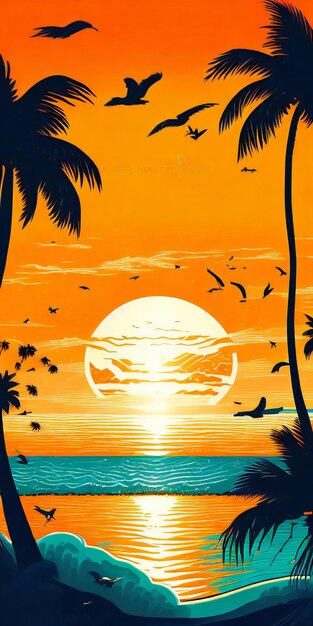 A sunset on the beach with palm trees and birds flying in the sky