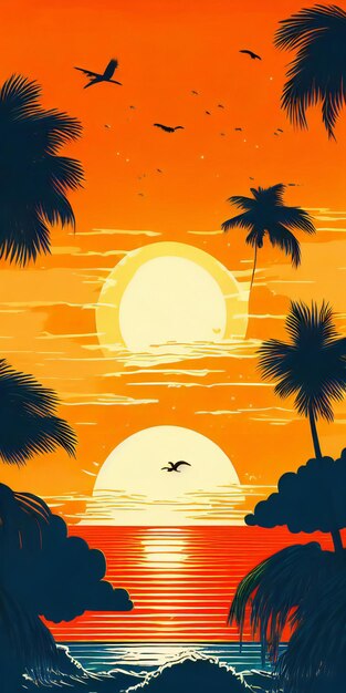 Premium AI Image | a sunset on the beach with palm trees and birds ...