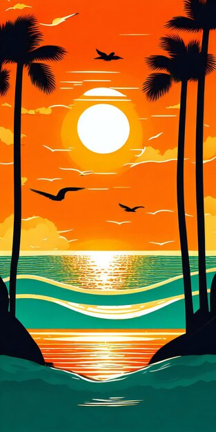 a sunset on the beach with palm trees and birds flying in the sky