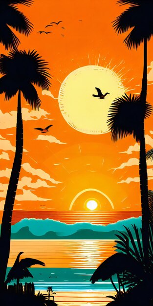 a sunset on the beach with palm trees and birds flying in the sky