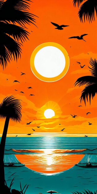 A sunset on the beach with palm trees and birds flying in the sky