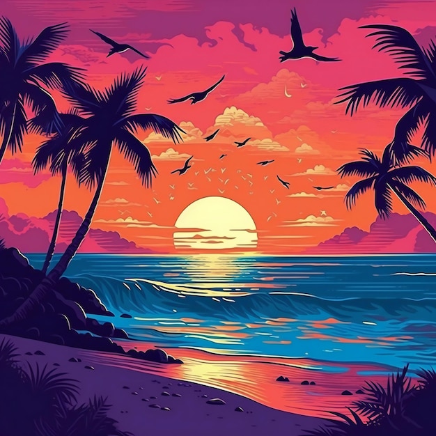 A sunset on the beach with palm trees and birds