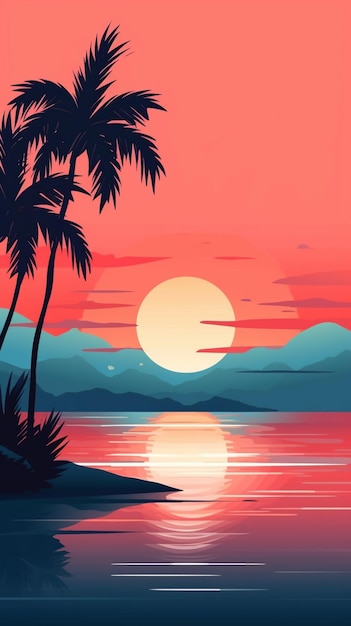 Sunset on the beach with palm trees and mountains in the background generative ai